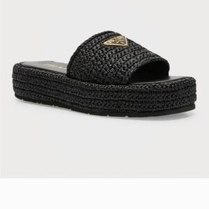 PRADA RAFFIA AND LEATHER LOGO PLATFORM SLIDES